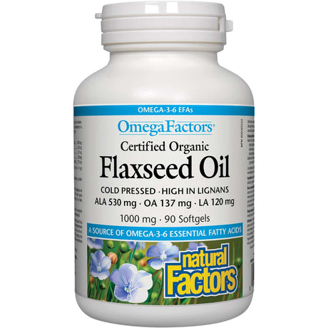 Certified Organic Natural Factors Flaxseed Oil, 1000 mg, 90 Softgels - Natural Factors