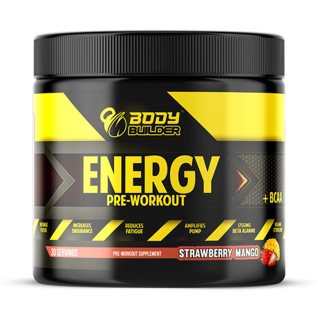 Body Builder Pre-Workout Energy Plus BCAA, Strawberry Mango, 30 servings - Body Builder